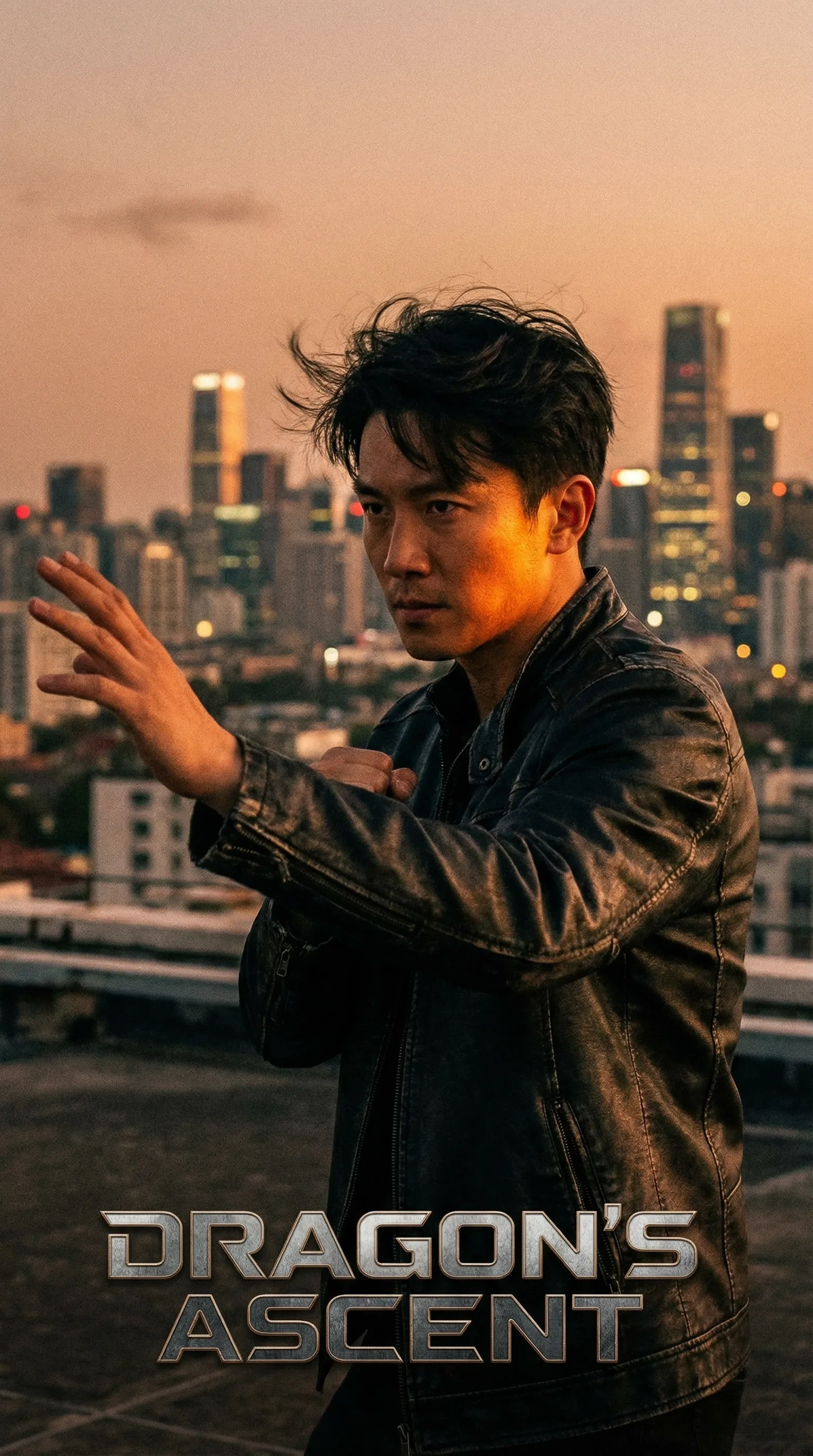 国际动作巨星在屋顶拍摄武术动作场景