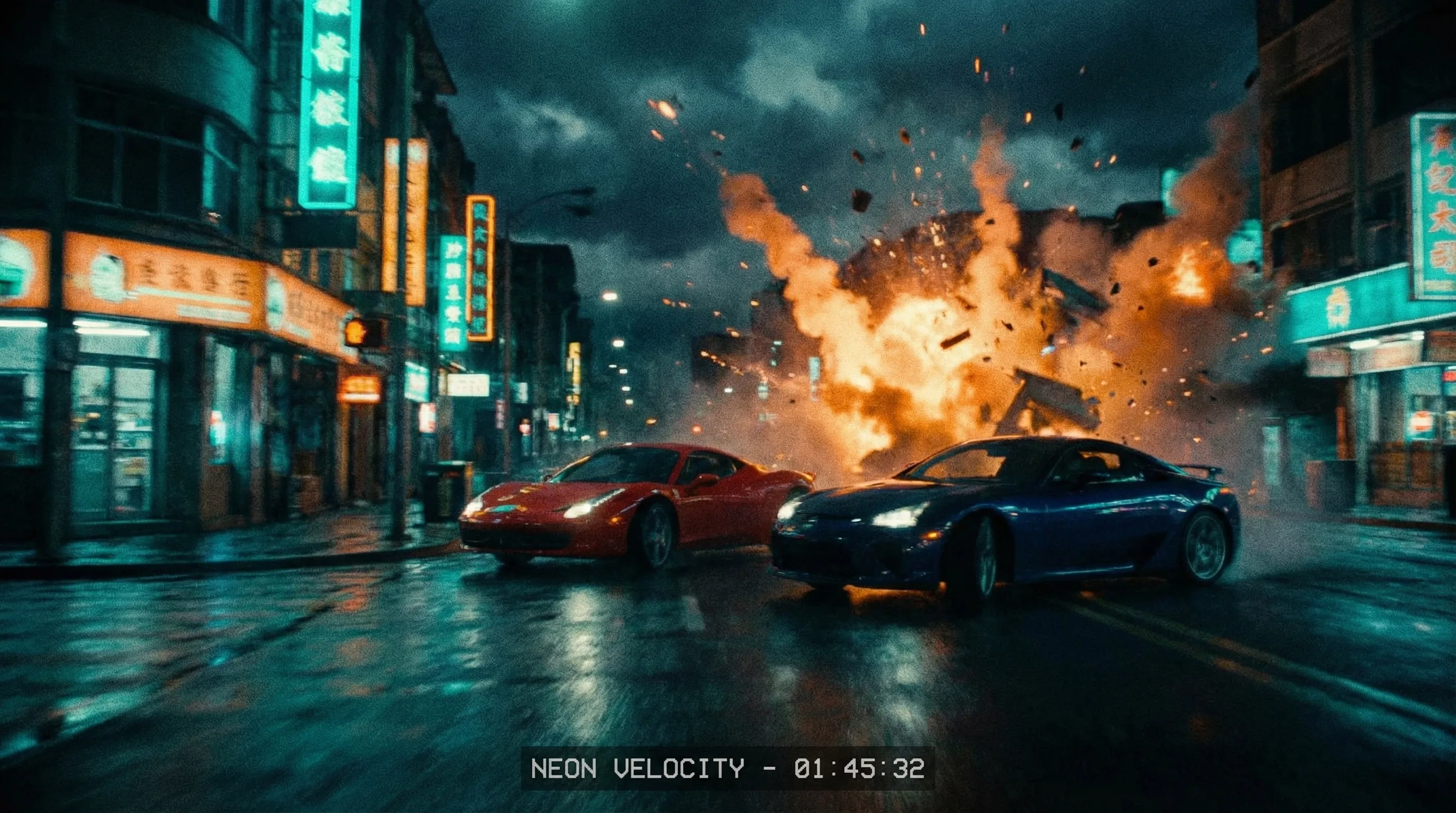 动作电影《霓虹狂飙》高速追车爆炸场景